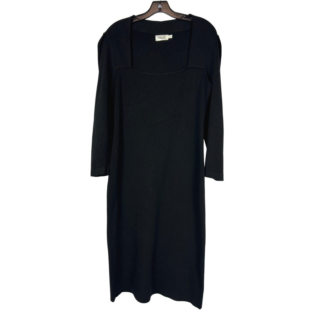 Eliza J Black Puff Shoulder Knit Professional‎ Sheath Midi Sweater Dress Large